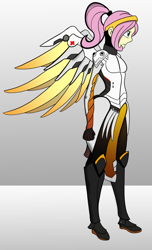 Size: 1024x1684 | Tagged: safe, artist:shadyhorseman, character:fluttershy, species:human, angel, crossover, cure, female, healer, humanized, mercy, mercyshy, overwatch, parody, solo, winged humanization