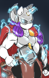 Size: 800x1267 | Tagged: safe, artist:duckdraw, character:rarity, species:anthro, armor, armpits, crossover, electricity, female, frown, glare, hammer, lightning, looking at you, marvel, mask, mjölnir, muscles, ripped rarity, solo, thor, war hammer, weapon