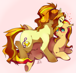 Size: 1181x1133 | Tagged: safe, artist:hisshi shoujo, character:adagio dazzle, character:sunset shimmer, species:pony, ship:sunsagio, bedroom eyes, blushing, cuddling, explicit source, female, floppy ears, fluffy, futa adagio dazzle, get, heart, index get, lesbian, nuzzling, ponified, prone, shipping, smiling, snuggling, underhoof