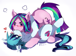 Size: 1301x965 | Tagged: safe, artist:hisshi shoujo, character:aria blaze, character:sonata dusk, species:earth pony, species:pony, ship:arisona, my little pony:equestria girls, blushing, cuddling, equestria girls ponified, explicit source, eyes closed, female, fluffy, heart, kissing, lesbian, mare, on back, ponified, shipping, smiling, snuggling