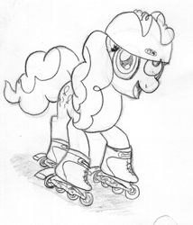 Size: 604x704 | Tagged: safe, artist:midwestbrony, character:pinkie pie, /mlp/, 4chan, female, helmet, monochrome, roller skates, solo