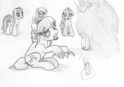 Size: 990x693 | Tagged: safe, artist:midwestbrony, character:bon bon, character:derpy hooves, character:lyra heartstrings, character:sweetie drops, oc, oc:thingpone, species:pegasus, species:pony, /mlp/, 4chan, female, mare, monochrome, traditional art