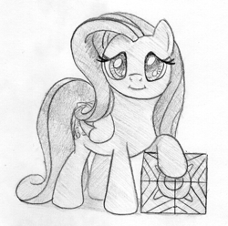 Size: 627x622 | Tagged: safe, artist:midwestbrony, character:fluttershy, /mlp/, 4chan, female, folded wings, looking at you, monochrome, pencil drawing, simple background, solo, standing, tile, traditional art, white background