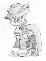 Size: 540x717 | Tagged: safe, artist:midwestbrony, character:twilight sparkle, character:twilight sparkle (alicorn), species:alicorn, species:pony, /mlp/, 4chan, cape, clothing, crossover, female, hat, mare, monochrome, red mage, solo, traditional art