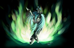 Size: 5065x3325 | Tagged: safe, artist:strachattack, character:queen chrysalis, species:changeling, changeling queen, female, green fire, solo