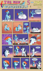 Size: 1600x2658 | Tagged: safe, artist:marmorexx, character:rainbow dash, character:soarin', species:pony, comic:the new wonderbolt, cloud, cloud busting, comic, sleeping, sunrise, tired
