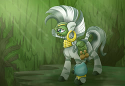 Size: 3188x2205 | Tagged: safe, artist:bratzoid, character:zecora, species:zebra, episode:the cutie re-mark, alternate timeline, chrysalis resistance timeline, crepuscular rays, everfree forest, female, resistance leader zecora, saddle bag, solo, sun ray