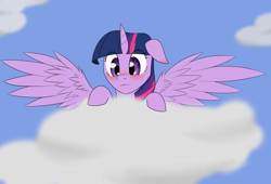 Size: 1024x696 | Tagged: safe, artist:zogzor, character:twilight sparkle, character:twilight sparkle (alicorn), species:alicorn, species:pony, blushing, cloud, female, mare, solo, wingboner