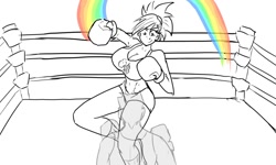 Size: 1280x768 | Tagged: safe, artist:jonfreeman, character:rainbow dash, species:human, abs, belly button, big breasts, boxing, boxing gloves, boxing ring, breasts, busty rainbow dash, cleavage, female, humanized, little mac (punch out), midriff, nintendo, partial color, punch out, rainbow punch