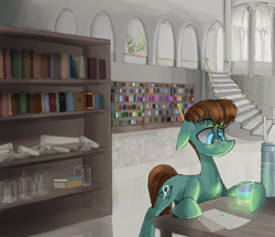 Size: 1280x1100 | Tagged: safe, artist:mymineawesome, oc, oc only, oc:timid, species:earth pony, species:pegasus, species:pony, beaker, book, floppy ears, flying, glasses, hoof hold, lab, library, liquid rainbow, pencil, raised eyebrow, science, scroll