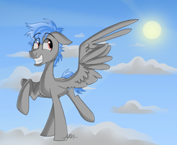 Size: 1024x839 | Tagged: safe, artist:mymineawesome, oc, oc only, oc:cloud tumble, species:pegasus, species:pony, cloud, cute, floppy ears, grin, hooves, male, on a cloud, prancing, raised hoof, smiling, solo, stallion, standing on a cloud, sun, wings