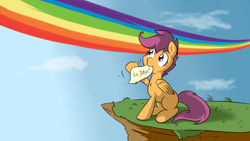 Size: 1920x1080 | Tagged: safe, artist:geneticanomaly, character:scootaloo, species:pegasus, species:pony, female, implied rainbow dash, mouth hold, paper, rainbow trail, solo, waving