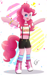 Size: 1200x1920 | Tagged: safe, artist:laptop-pone, character:pinkie pie, species:pony, bipedal, clothing, doomie, female, hoof boots, semi-anthro, shorts, socks, solo, suspenders, t-shirt