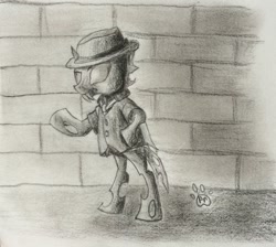 Size: 1600x1431 | Tagged: safe, artist:professionalpuppy, species:changeling, bipedal, clothing, gangster, grayscale, hat, mobster, monochrome, solo, traditional art