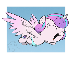 Size: 965x792 | Tagged: safe, artist:php104, character:princess flurry heart, character:scootaloo, species:pegasus, species:pony, spoiler:s06, baby, cute, diaper, eyes closed, flurrybetes, flying, happy, open mouth, scootaloo can't fly, solo focus, spread wings, underhoof, wings