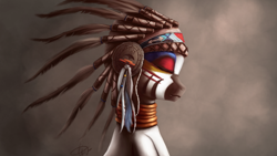 Size: 1920x1080 | Tagged: safe, artist:l1nkoln, character:zecora, species:zebra, g4, abstract background, beautiful, bust, eyes closed, feather, female, gray background, headdress, neck rings, portrait, simple background, solo