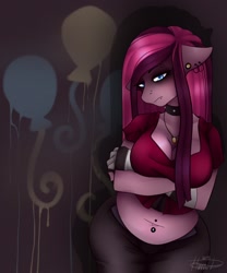 Size: 1000x1200 | Tagged: safe, artist:rainbowhitter, character:pinkamena diane pie, character:pinkie pie, species:anthro, belly, belly button, bellyring, breasts, busty pinkie pie, chubby, cleavage, emo, fat, female, midriff, muffin top, piercing, solo, wide hips