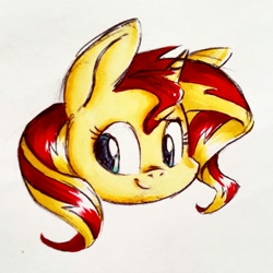 Size: 1280x1280 | Tagged: safe, artist:gummigator, artist:hydro-king, character:sunset shimmer, species:pony, species:unicorn, g4, bust, collaboration, cute, female, head only, looking sideways, mare, portrait, shimmerbetes, smiling, solo, three quarter view, traditional art
