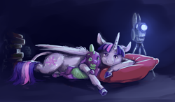 Size: 4000x2335 | Tagged: safe, artist:cuttledreams, character:spike, character:twilight sparkle, character:twilight sparkle (alicorn), species:alicorn, species:classical unicorn, species:pony, cuddling, female, film projector, leonine tail, mare, movie night, pillow, prone, snuggling, spikelove