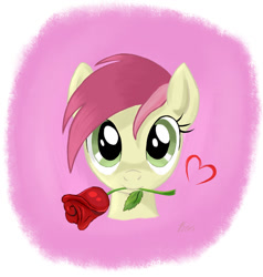 Size: 953x1000 | Tagged: safe, artist:kasaler, character:roseluck, bust, cute, female, flower, flower in mouth, heart, looking at you, mouth hold, rose, solo