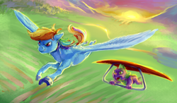 Size: 4000x2335 | Tagged: safe, artist:cuttledreams, character:rainbow dash, character:spike, flying, hang gliding, sunrise