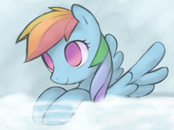 Size: 667x500 | Tagged: safe, artist:soulspade, character:rainbow dash, cloud, empty eyes, female, no catchlights, no pupils, on a cloud, solo