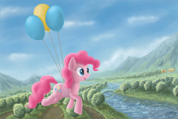 Size: 1024x683 | Tagged: safe, artist:emeraldgalaxy, character:pinkie pie, balloon, bridge, female, mountain, orchard, park bench, river, scenery, solo, then watch her balloons lift her up to the sky
