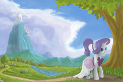 Size: 1500x1000 | Tagged: safe, artist:emeraldgalaxy, character:rarity, canterlot, clothing, dress, female, scenery, solo