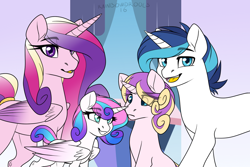 Size: 1200x800 | Tagged: safe, artist:rainbowdrool, character:princess cadance, character:princess flurry heart, character:princess skyla, character:shining armor, parent:princess cadance, parent:shining armor, parents:shiningcadance, species:pony, species:unicorn, spoiler:s06, alternate universe, crystal sisters, family, family photo, from dust to mist, grin, looking at you, male and female, offspring, open mouth, race swap, sisters, translucent mane, tumblr:from dust to mist