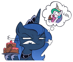 Size: 1200x1025 | Tagged: safe, artist:php104, character:princess celestia, character:princess luna, angry, cake, cakelestia, food, lip bite, lol, snorting, thought bubble, troll, trollestia