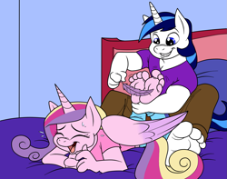 Size: 1567x1236 | Tagged: safe, artist:clovershroom, artist:kuroi-wolf, character:princess cadance, character:shining armor, species:anthro, species:plantigrade anthro, ship:shiningcadance, barefoot, bed, cute, cutedance, eyes closed, feet, female, foot fetish, good clean married tickles, grin, laughing, male, male feet, open mouth, prone, restrained, shining adorable, shipping, sitting, smiling, soles, straight, sweat, tickle torture, tickling