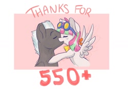 Size: 1280x890 | Tagged: safe, artist:indiefoxtail, character:blossomforth, character:thunderlane, ship:blossomlane, ask, ask blossomforth, bandana, cute, eyes closed, female, goggles, kissing, male, shipping, smiling, spread wings, straight, thank you, tumblr, wings