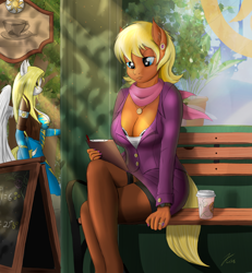 Size: 1750x1890 | Tagged: safe, artist:kasaler, character:ms. harshwhinny, character:surprise, species:anthro, species:earth pony, species:pegasus, species:pony, bench, beverage, bra, breasts, busty ms. harshwhinny, busty surprise, cafe, cleavage, clothing, cougar, crossed legs, ear piercing, earring, female, jewelry, legs, mare, nail polish, outdoors, outfit, piercing, ring, skirt, skirt lift, skirt suit, stockings, suit, surprisamena, underwear, unprofessional, watch, wonderbolts uniform, wristwatch
