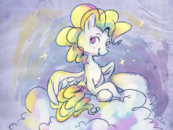 Size: 1600x1200 | Tagged: safe, artist:pashapup, character:surprise, species:pegasus, species:pony, g1, cloud, cutie mark, female, g1 to g4, generation leap, hooves, lying on a cloud, mare, on a cloud, sitting, solo, wings