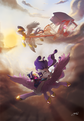 Size: 2067x2953 | Tagged: safe, artist:mechagen, character:rarity, character:twilight sparkle, character:twilight sparkle (alicorn), species:alicorn, species:pony, carriage, crepuscular rays, fanfic art, female, flying, mare, ponies riding ponies, princess shoes, royal guard