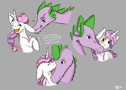 Size: 1024x731 | Tagged: safe, artist:loladotz, character:spike, character:sweetie belle, ship:spikebelle, cute, diasweetes, ear bite, female, male, older, older spike, shipping, straight