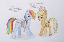 Size: 1000x659 | Tagged: safe, artist:shikogo, character:applejack, character:rainbow dash, photo, rope, traditional art