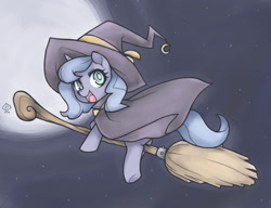 Size: 1439x1105 | Tagged: safe, artist:soulspade, character:princess luna, species:pony, broom, cape, clothing, costume, female, flying, flying broomstick, full moon, hat, looking back, moon, night, night sky, nightmare night, open mouth, smiling, solo, stars, underhoof, witch, witch hat, woona