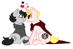 Size: 1628x1116 | Tagged: safe, artist:micky-ann, blushing, boop, cape, clothing, dave strider, davekat, gay, homestuck, karkat vantas, male, noseboop, ponified, quadrant shipping, shipping, sunglasses, sweater