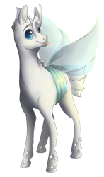Size: 2091x3562 | Tagged: safe, artist:ebonytails, oc, oc only, oc:paradigm, species:changeling, albino, albino changeling, male, smiling, solo, tongue out, white changeling