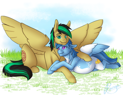 Size: 1800x1391 | Tagged: safe, artist:rozga, oc, oc only, oc:ailan, oc:wish, species:pegasus, species:pony, belly, cute, female, male, pregnant, straight, wings, wishlan