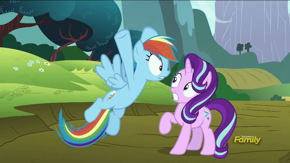 Size: 960x540 | Tagged: safe, artist:fureox, edit, screencap, character:rainbow dash, character:starlight glimmer, character:trixie, species:pony, species:unicorn, ship:startrix, episode:no second prances, g4, my little pony: friendship is magic, animated, caption, discovery family logo, female, head scratch, lesbian, mare, scratching, shipper on deck, shipping, shockwave, sonic boom, text