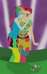 Size: 1700x2677 | Tagged: safe, artist:final7darkness, character:applejack, character:fluttershy, character:pinkie pie, character:rainbow dash, character:rarity, character:sunset shimmer, character:twilight sparkle, character:twilight sparkle (alicorn), ship:appledash, equestria girls:rainbow rocks, g4, my little pony: equestria girls, my little pony:equestria girls, clothing, female, freckles, giantess, kissing, lesbian, macro, one eye closed, rainbow rocks outfit, request, scene interpretation, shipping, welcome to the show