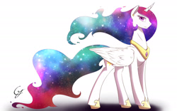 Size: 1920x1200 | Tagged: safe, artist:laptop-pone, character:princess celestia, species:alicorn, species:pony, curved horn, cutie mark earrings, ear piercing, earring, ethereal mane, female, folded wings, galaxy mane, horn, jewelry, mare, piercing, profile, simple background, solo, white background, wings