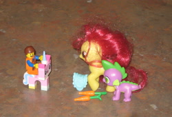 Size: 2167x1471 | Tagged: safe, artist:cheerbearsfan, character:apple bloom, character:spike, blind bag, brushable, carrot, crossover, emmet brickowski, food, irl, lego, photo, saddle, the lego movie, toy, unikitty