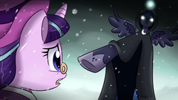 Size: 1920x1080 | Tagged: safe, artist:mlp-firefox5013, character:princess luna, character:snowfall frost, character:starlight glimmer, episode:a hearth's warming tail, g4, my little pony: friendship is magic, cloak, clothing, glowing horn, hat, monocle, open mouth, pointing, scene interpretation, signature, spirit of hearth's warming yet to come, top hat