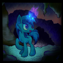 Size: 900x900 | Tagged: safe, artist:mister-markers, oc, oc only, species:pony, species:unicorn, cave, magic, magic aura, male, raised hoof, solo, stallion