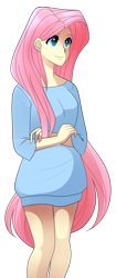 Size: 800x1902 | Tagged: safe, artist:haydee, character:fluttershy, species:human, blue sweater, clothing, colored skin, cyan eyes, digital art, female, human female, humanized, jumper, looking away, pink hair, simple background, solo, standing, sweater, sweatershy, transparent background