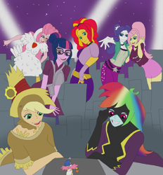 Size: 1700x1830 | Tagged: safe, artist:final7darkness, character:adagio dazzle, character:applejack, character:aria blaze, character:fluttershy, character:pinkie pie, character:rainbow dash, character:rarity, character:sonata dusk, character:sunset shimmer, character:twilight sparkle, character:twilight sparkle (scitwi), oc, species:eqg human, my little pony:equestria girls, animal costume, archery, chicken pie, chicken suit, city, clothing, costume, crystal prep shadowbolts, fingerless gloves, giantess, glasses, gloves, humane five, macro, nightmare night, nightmare night costume, open mouth, request, requested art, scarecrow, shadowbolt dash, shadowbolts, shadowbolts costume, the dazzlings