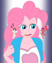 Size: 1700x2058 | Tagged: safe, artist:final7darkness, character:pinkie pie, character:rarity, episode:the saddle row review, g4, my little pony: friendship is magic, my little pony:equestria girls, angel rarity, clothing, conscience, devil rarity, equestria girls interpretation, eyes closed, haylo, open mouth, pitchfork, scene interpretation, shoulder angel, shoulder devil, singing